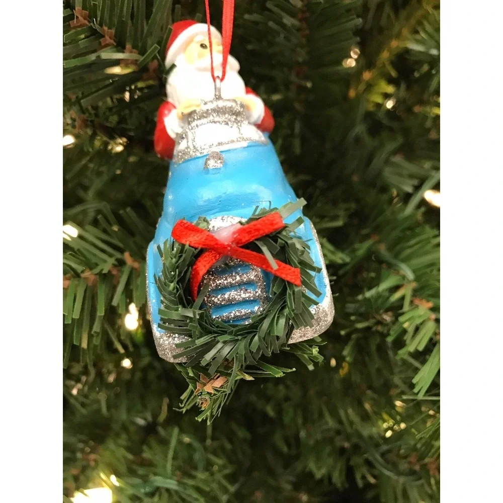 Santa Driving‎ Retro Blue & Silver Sports Car Christmas Ornament